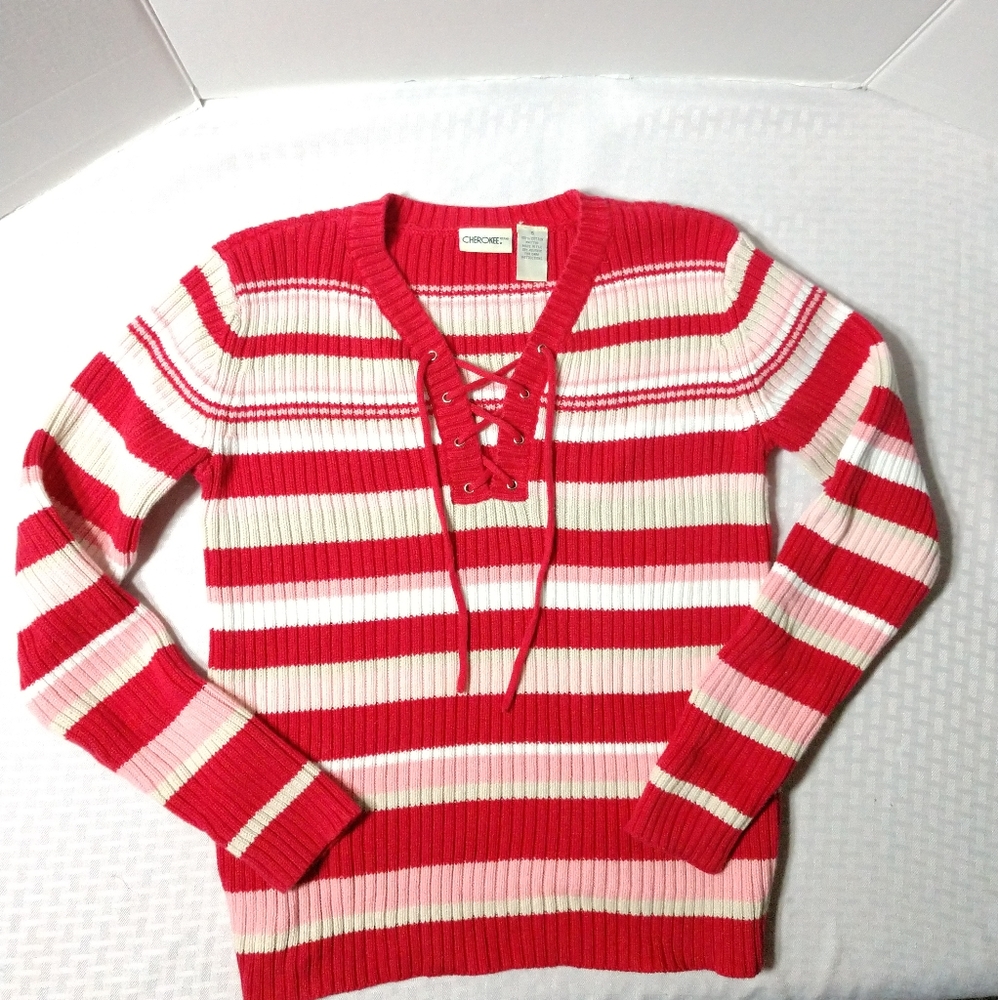 Red White Striped Sweater Lace Up Neckline Size Small Chest 32"